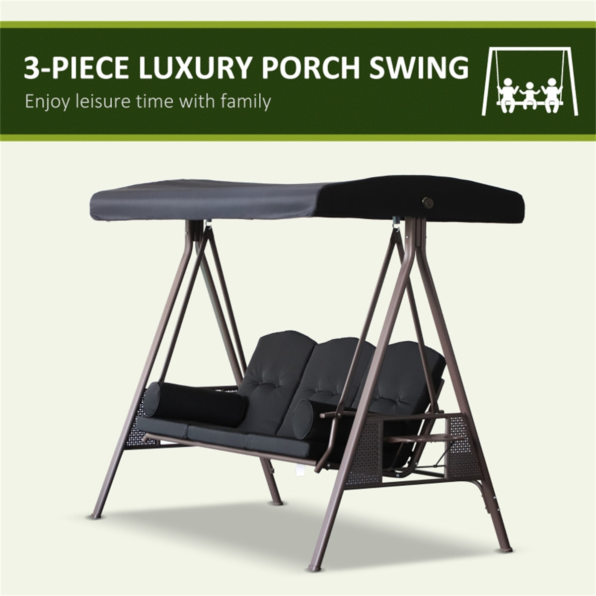 Deluxe 3-Seat Outdoor Swing Chair with Arc Canopy & Side Trays