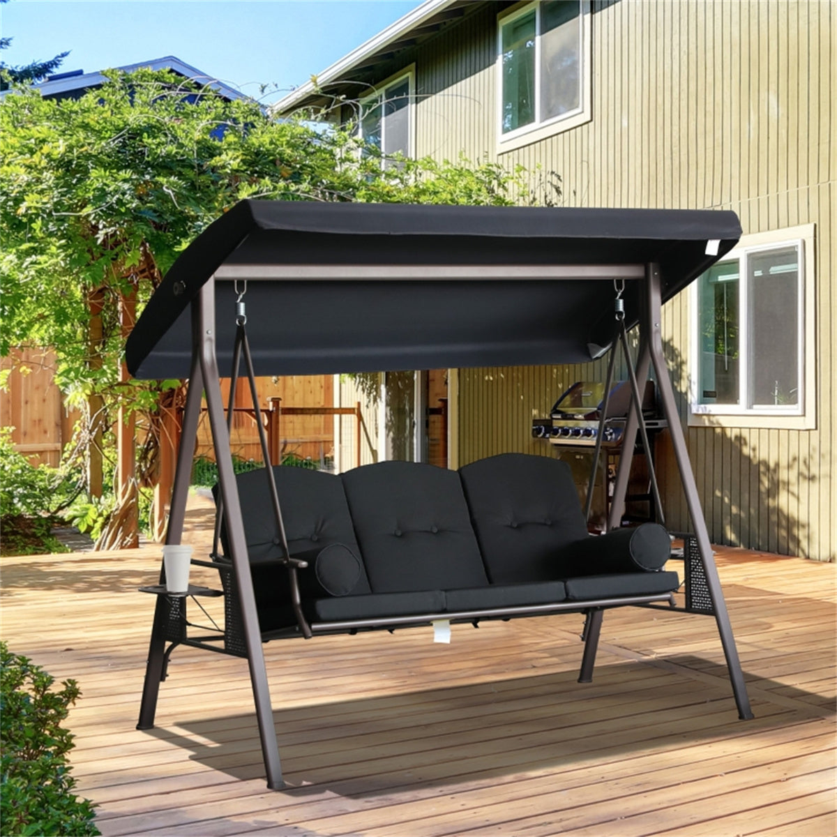 Deluxe 3-Seat Outdoor Swing Chair with Arc Canopy & Side Trays