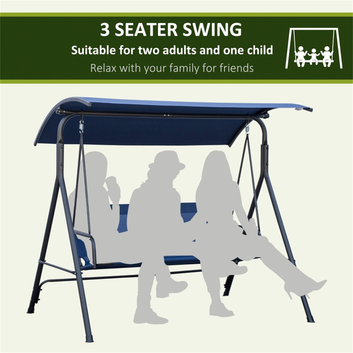 Triple Comfort Dark Blue Patio Swing Chair with Adjustable Canopy