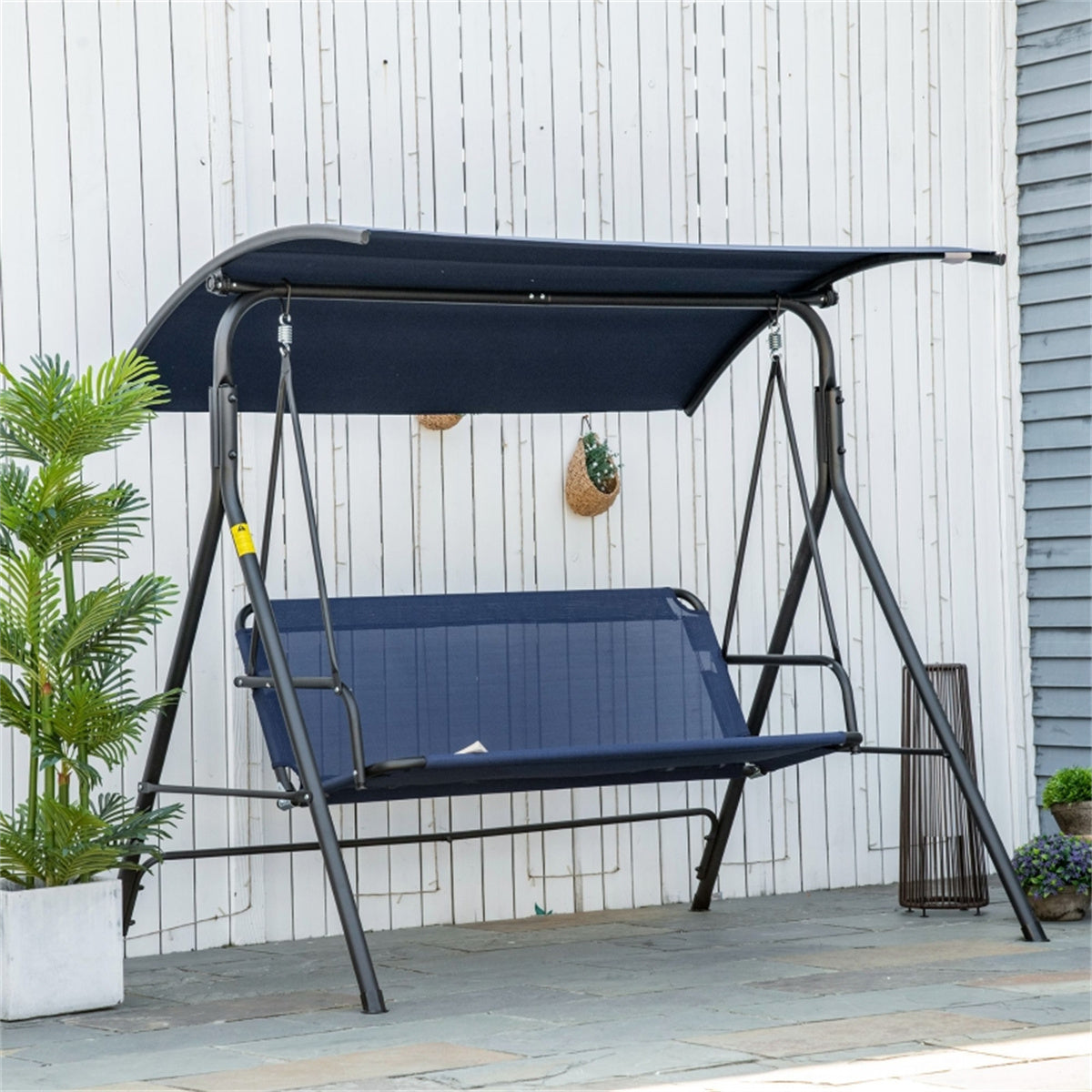 Triple Comfort Dark Blue Patio Swing Chair with Adjustable Canopy