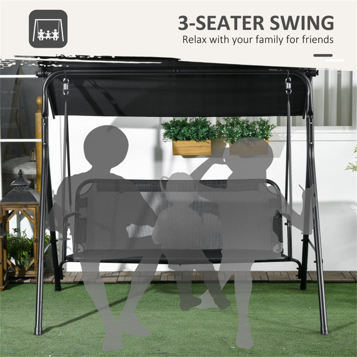 3-Seat Outdoor Patio Swing Chair-Black  (Amazon Shipping)（ Prohibited by WalMart ）