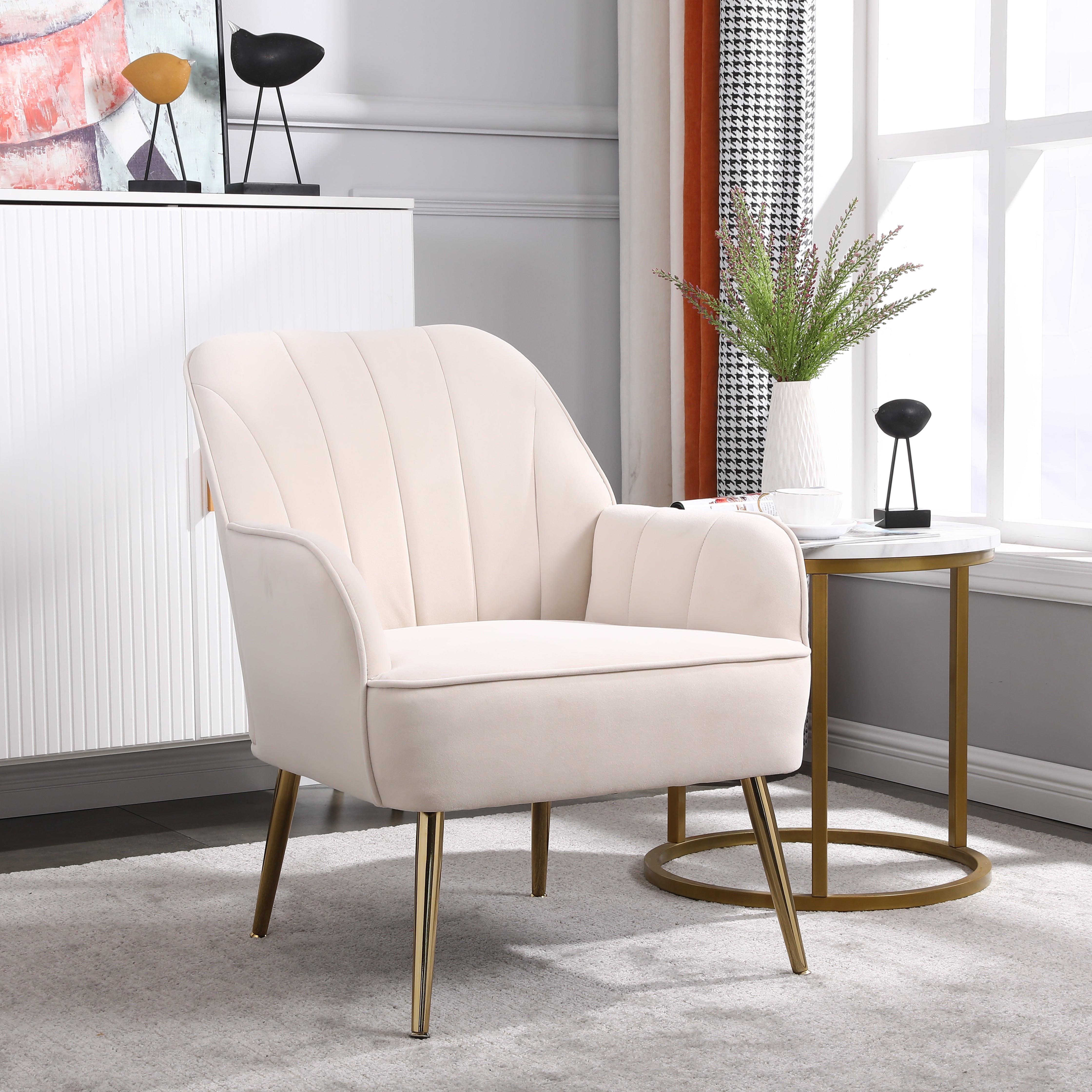 Chic Beige Velvet Mid Century Armchair with Golden Legs - Easy Assembly!