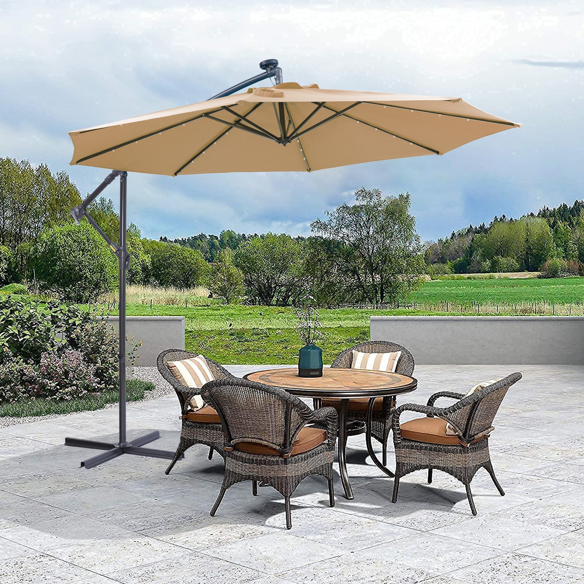 10 FT Solar LED Cantilever Umbrella: Stylish Shade & Night Glow - Taupe