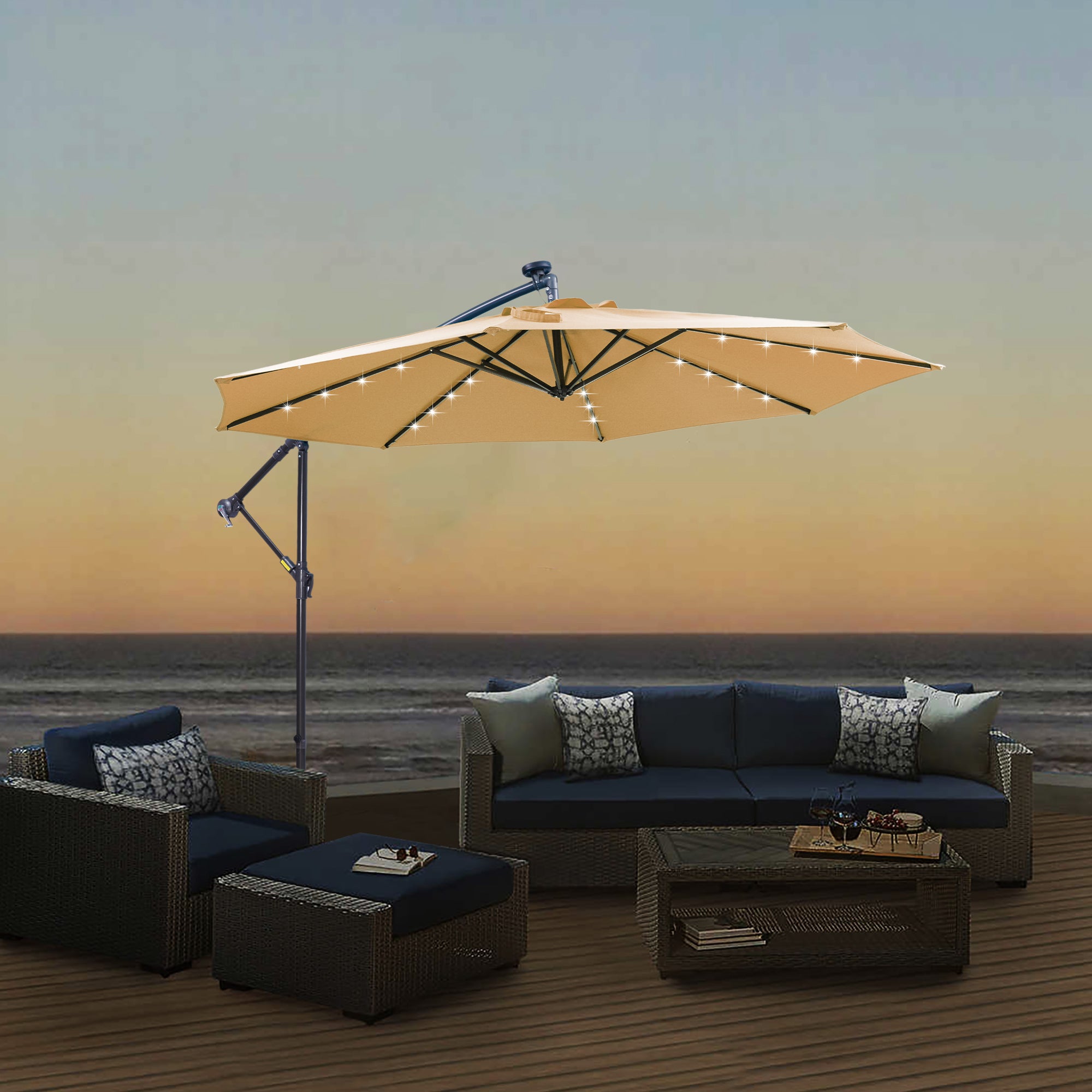 10 FT Solar LED Cantilever Umbrella: Stylish Shade & Night Glow - Taupe