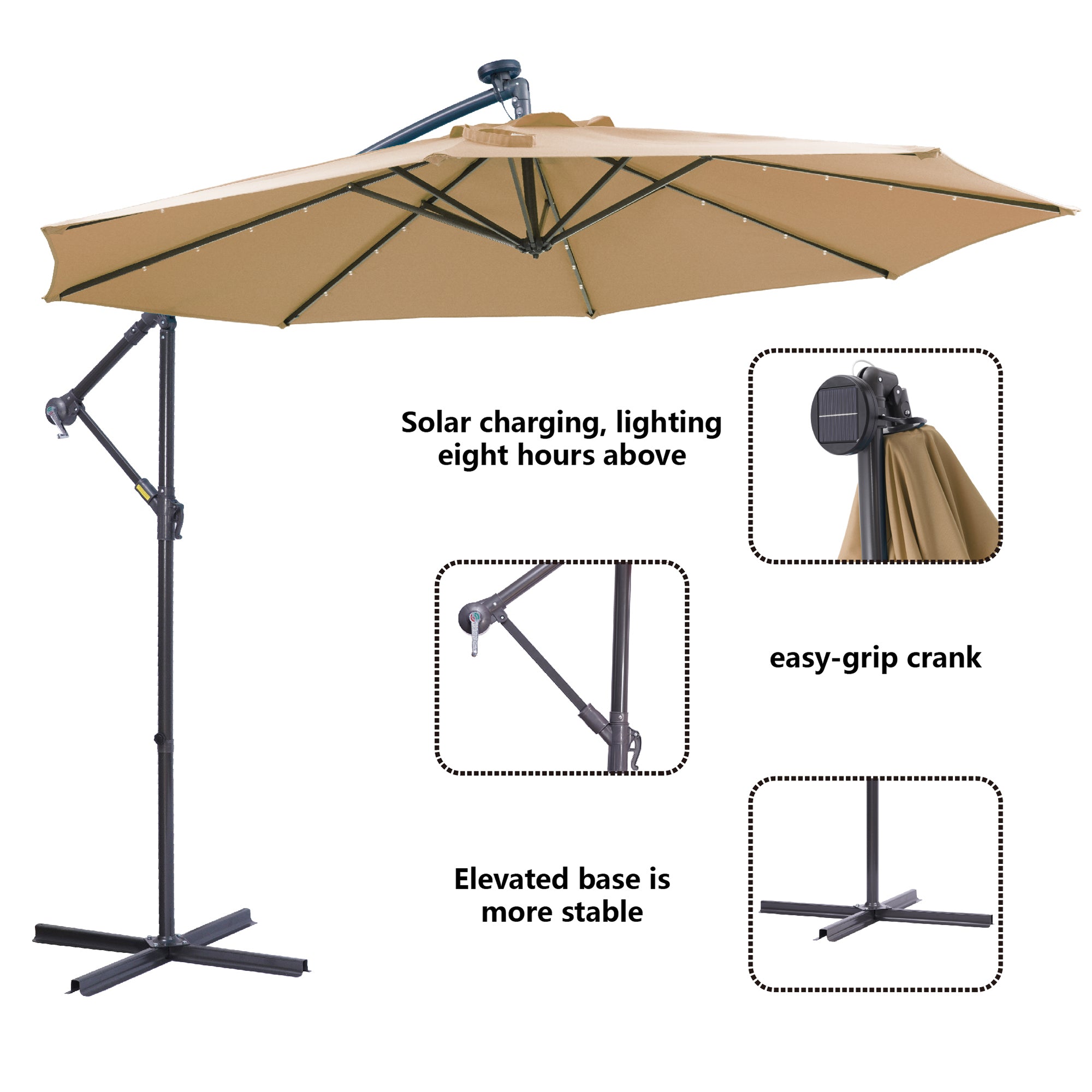 10 FT Solar LED Cantilever Umbrella: Stylish Shade & Night Glow - Taupe