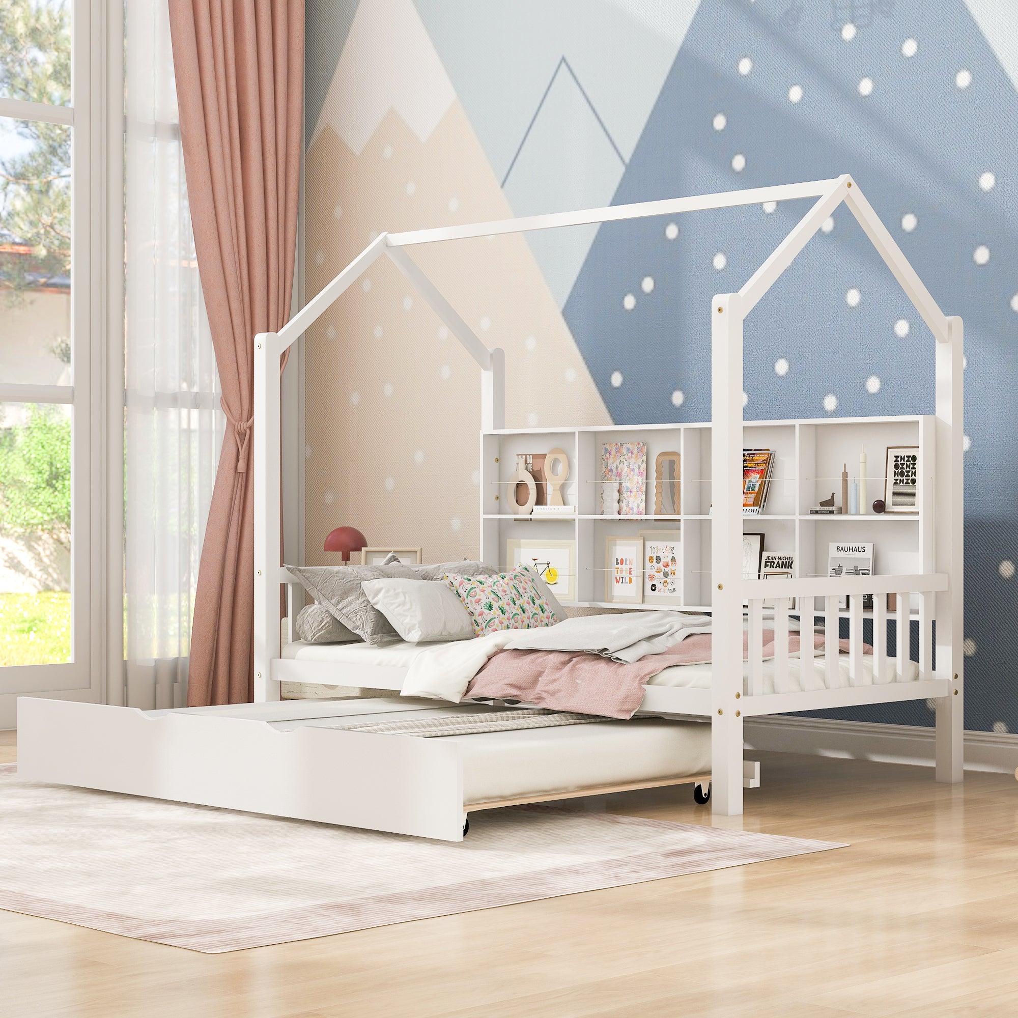 Enchanting White Wooden Twin House Bed with Trundle & Playful Shelf