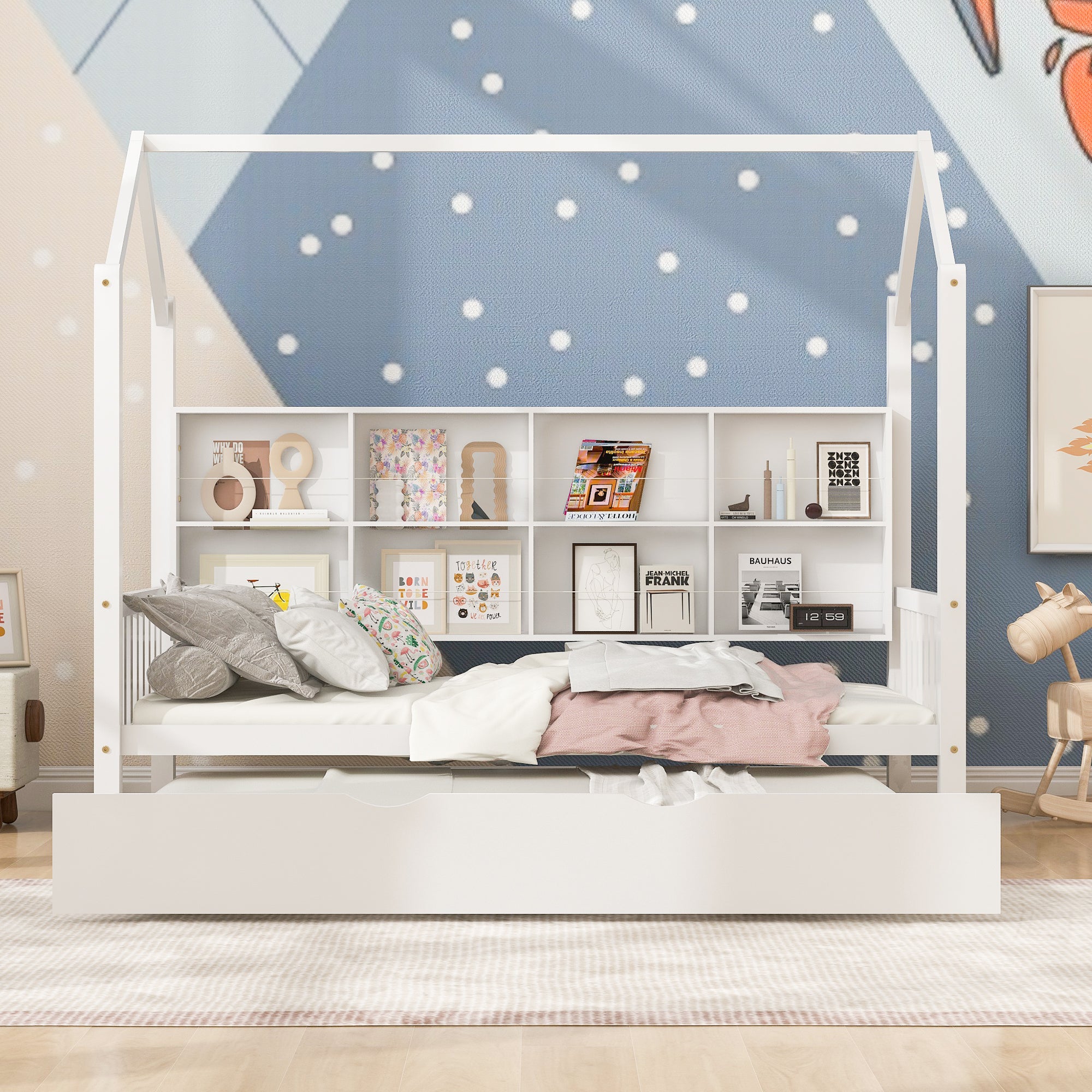 Enchanting White Wooden Twin House Bed with Trundle & Playful Shelf