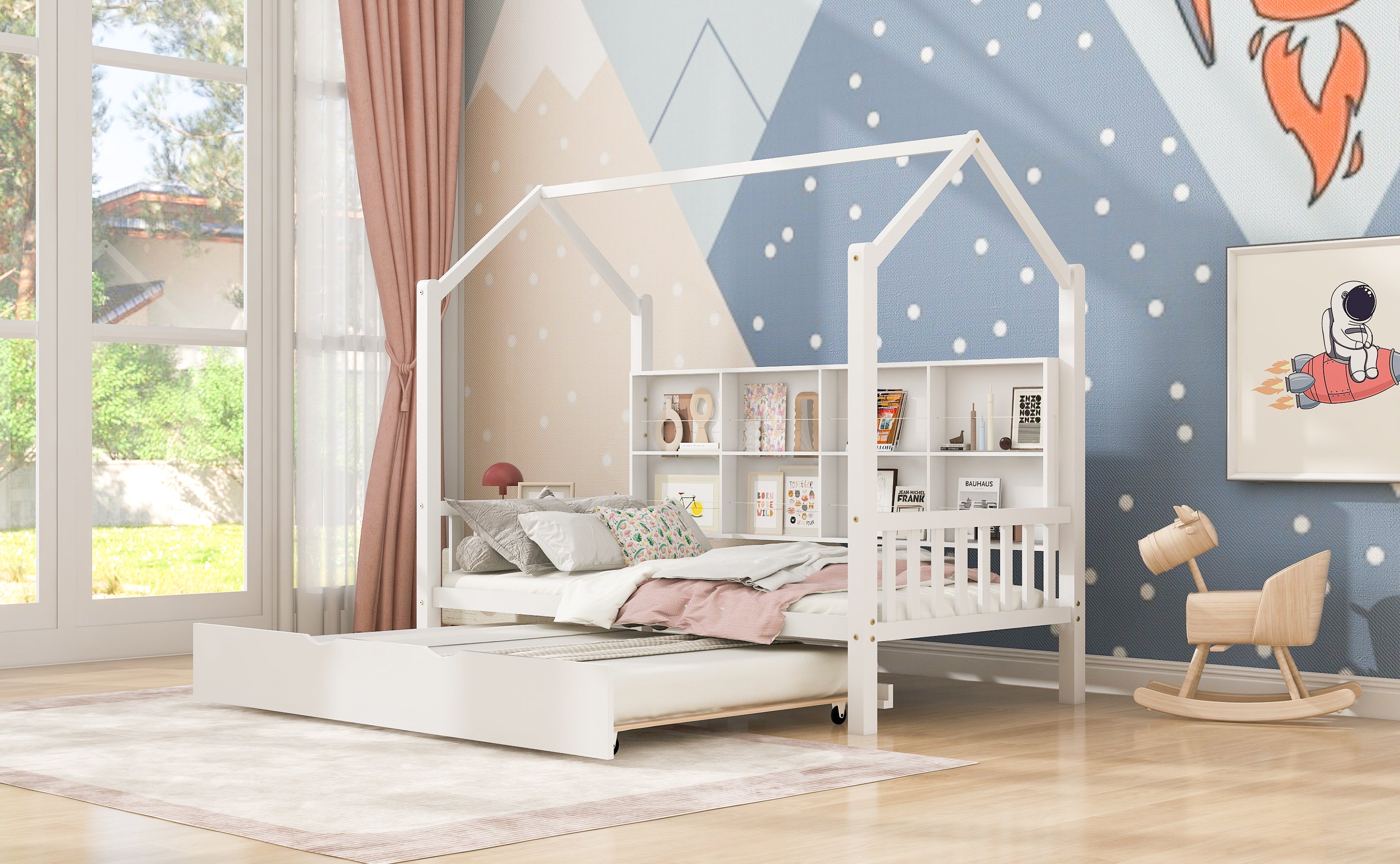 Enchanting White Wooden Twin House Bed with Trundle & Playful Shelf