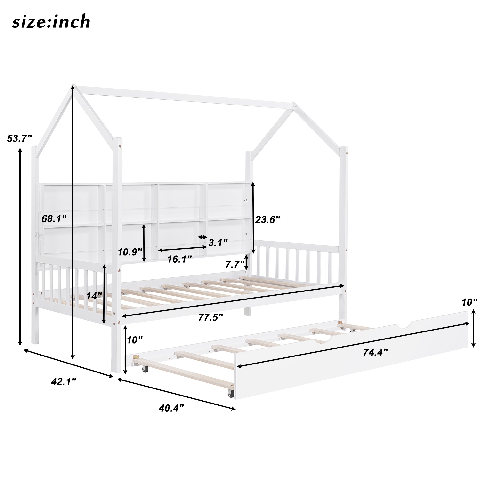 Enchanting White Wooden Twin House Bed with Trundle & Playful Shelf