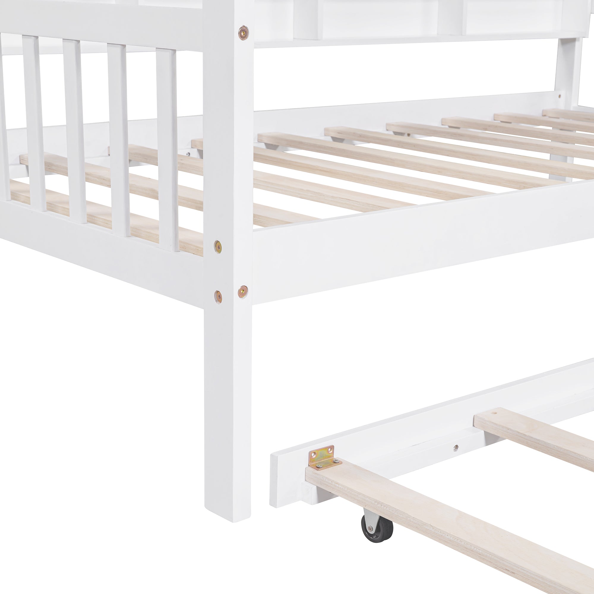 Enchanting White Wooden Twin House Bed with Trundle & Playful Shelf