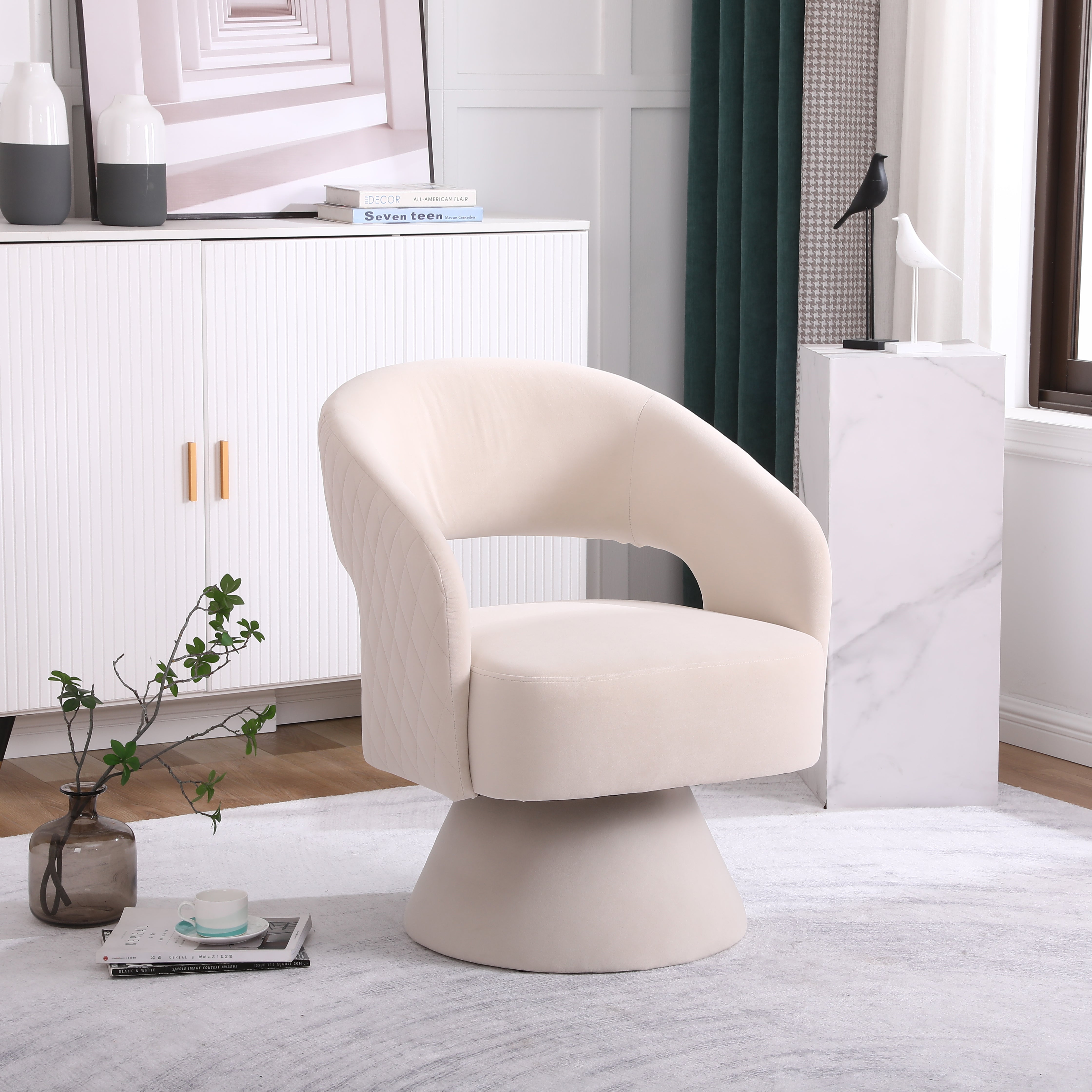 Beige Swivel Accent Chair: Stylish 360-Degree Barrel Armchair for Any Room