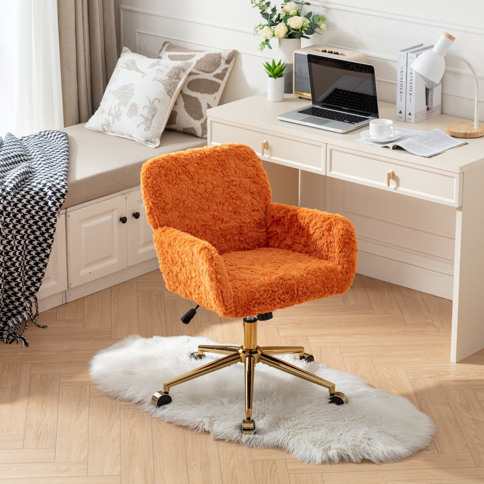 Luxurious Swivel Office Chair - Adjustable Golden Base with Soft Faux Fur