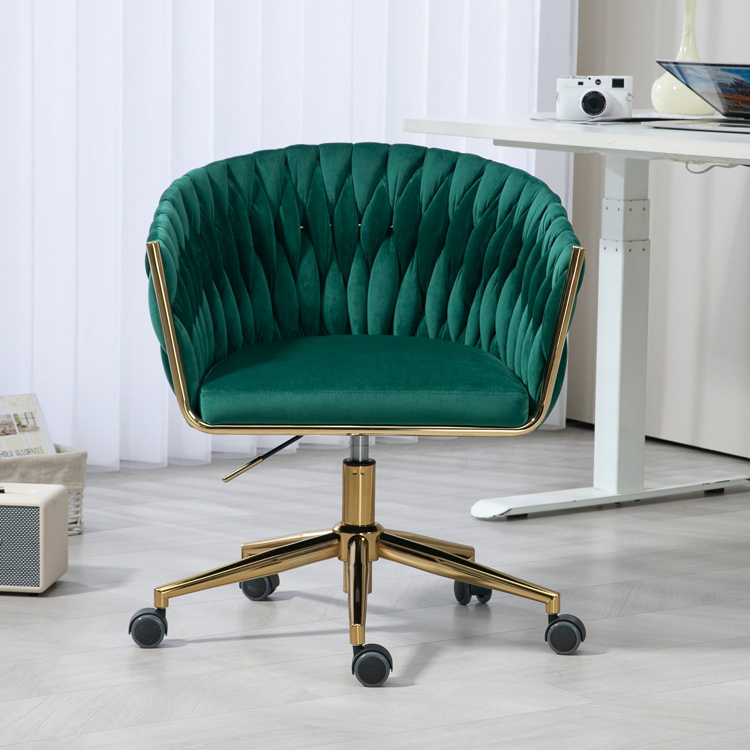 Chic Hand-Woven Office & Vanity Chair with Wheels - 360° Swivel & Adjustable, Green