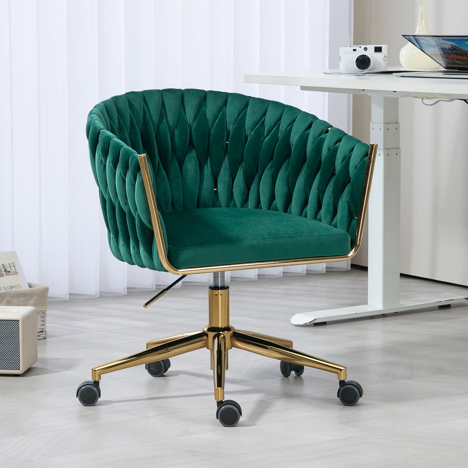 Chic Hand-Woven Office & Vanity Chair with Wheels - 360° Swivel & Adjustable, Green