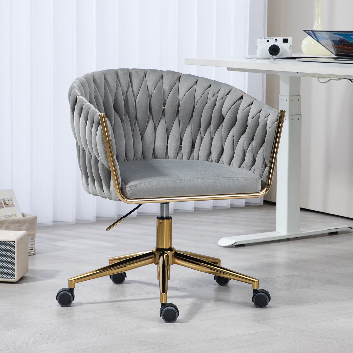 Hand-Woven Grey Office & Vanity Chair - Adjustable, Swivel, 360° Comfort