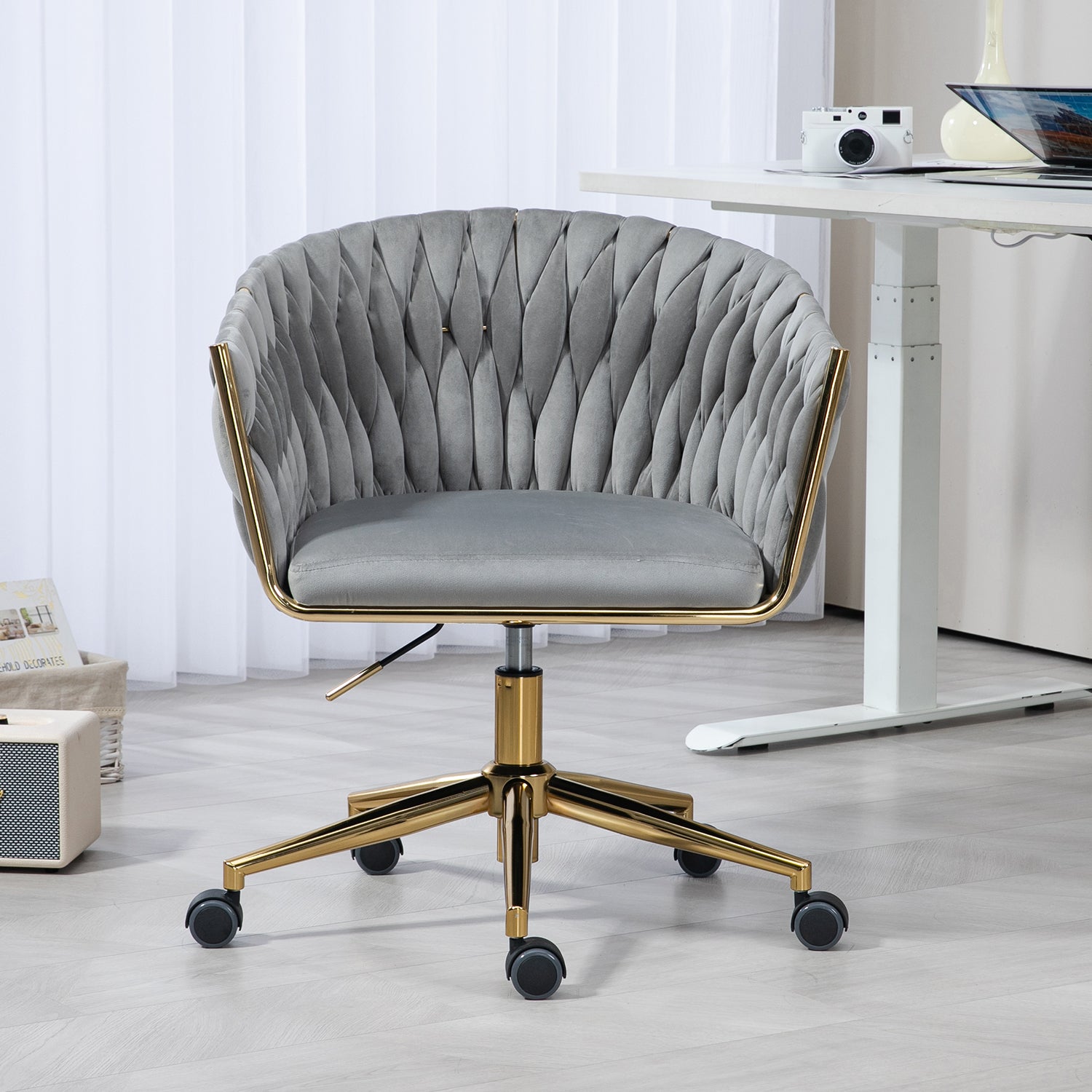 Hand-Woven Grey Office & Vanity Chair - Adjustable, Swivel, 360° Comfort