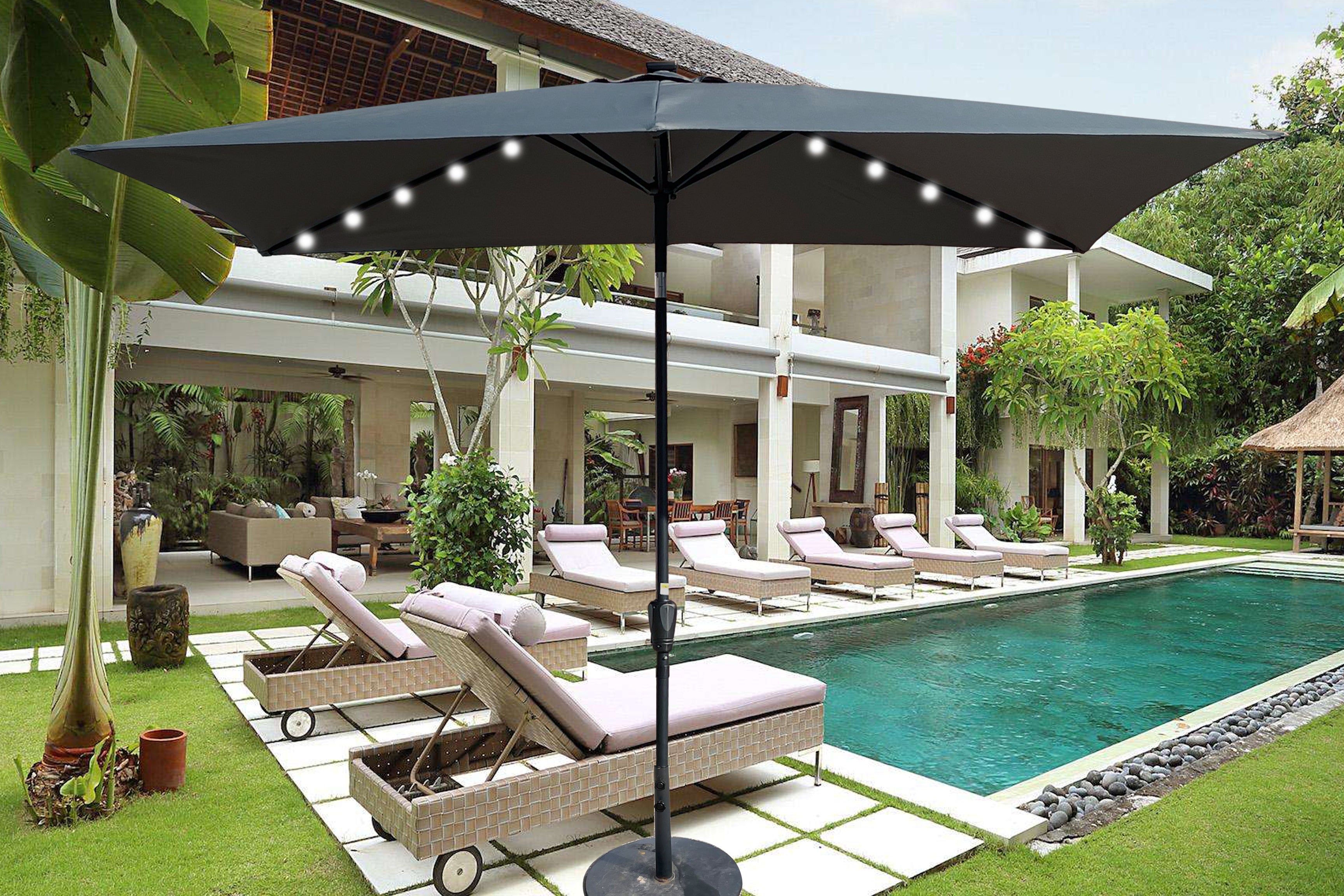 Solar LED Patio Umbrella: 10x6.5 ft Elegant Shade with Crank & Tilt