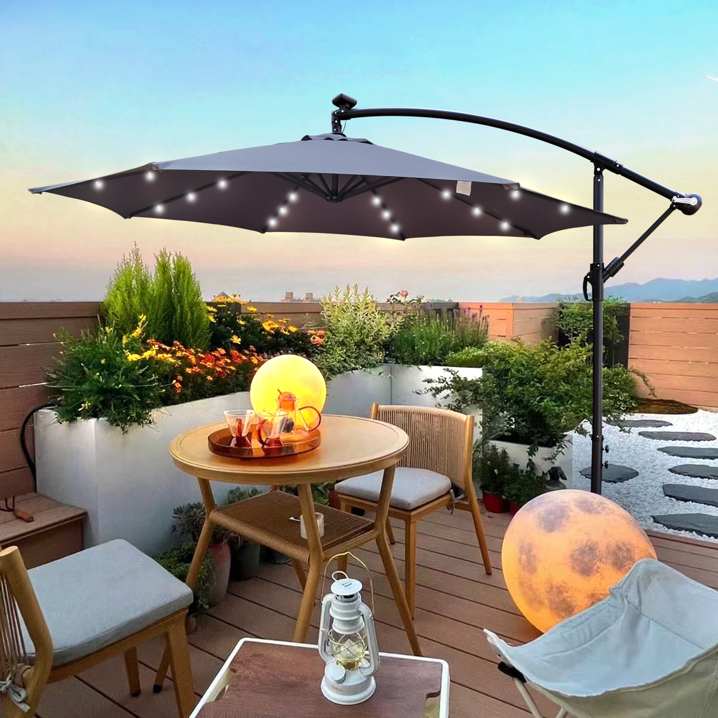 10ft Solar LED Patio Umbrella - Waterproof Outdoor Shade with Crank & Base