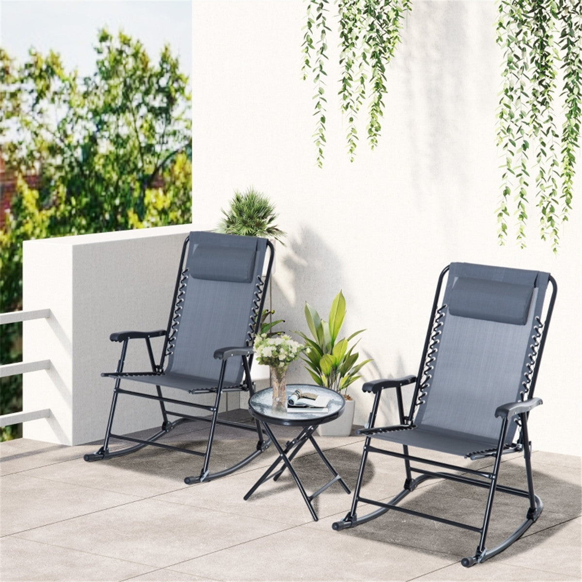 Cozy Outdoor Rocking Chair Set with Glass Top Table - Perfect Patio Comfort!