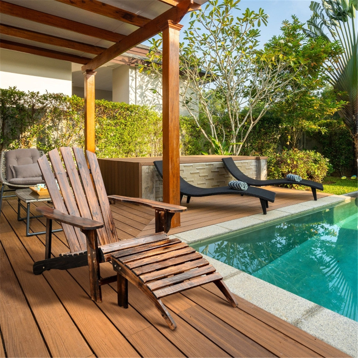 Classic Rustic Brown Adirondack Chair & Ottoman - Weather-Resistant Comfort