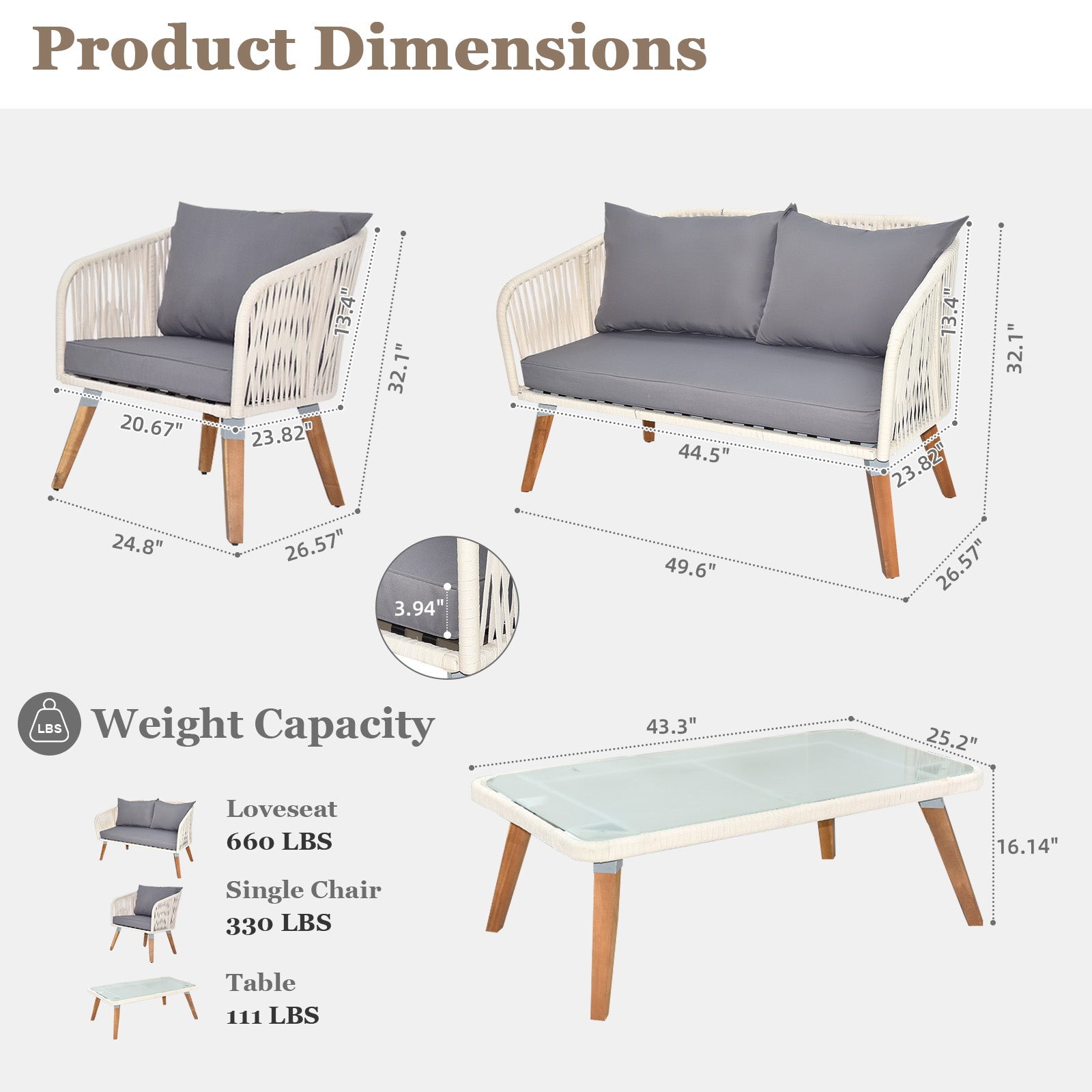 Modern Acacia Wood Outdoor Furniture Set: 4-Piece All-Weather Conversation Set