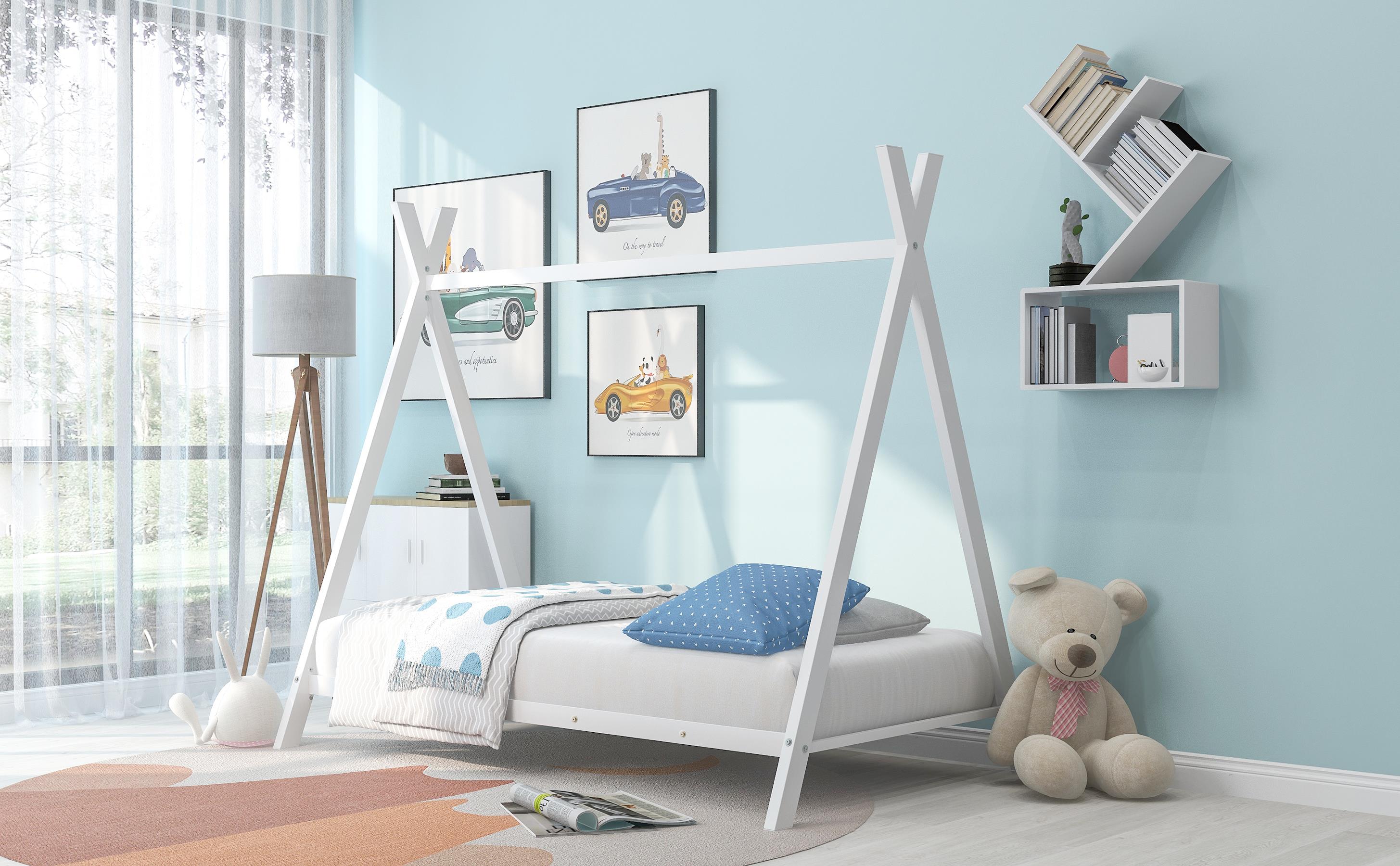 Cozy Metal House Bed Frame for Kids – Twin Play Tent Bed, No Box Spring Required