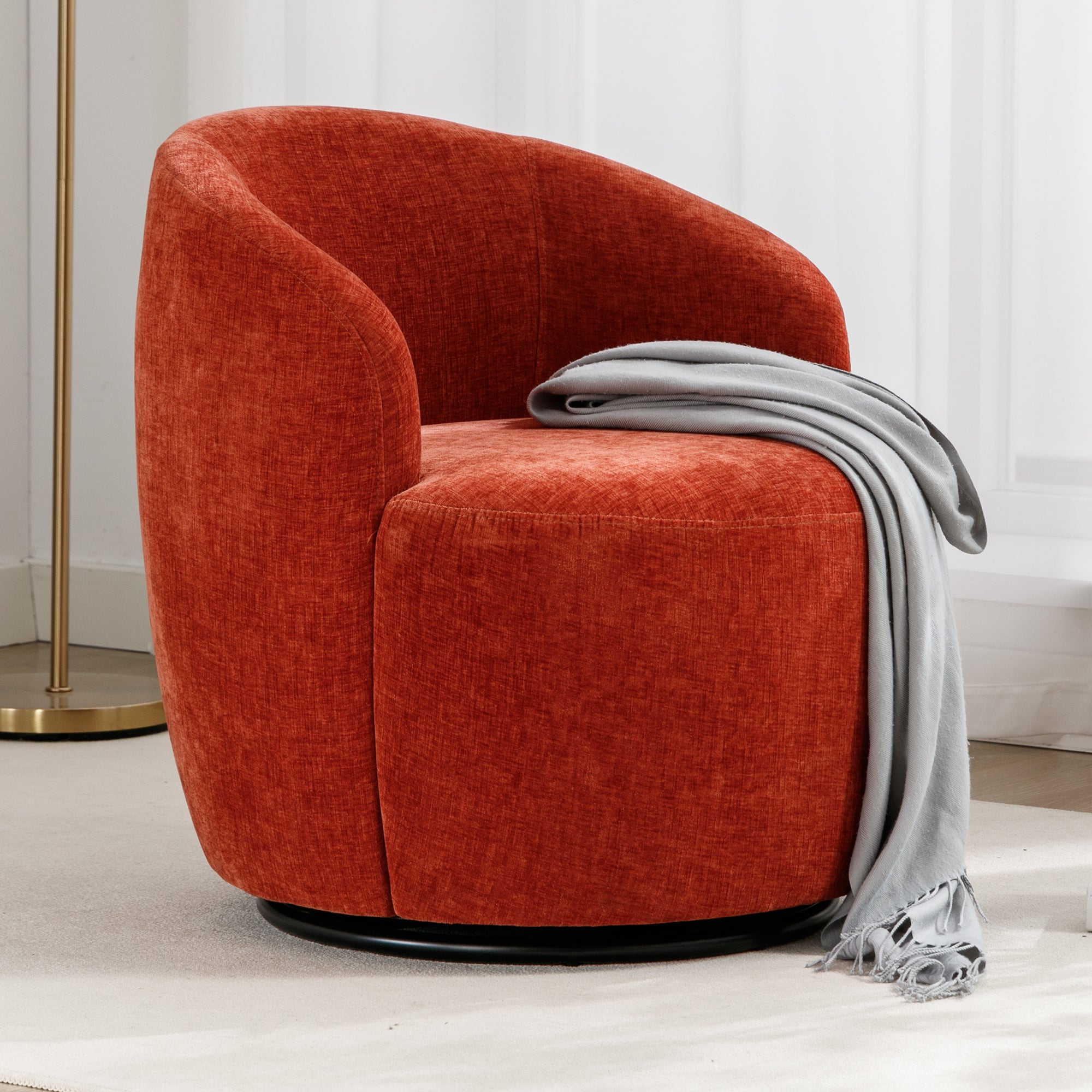 Vibrant Orange Chenille Swivel Barrel Chair - Stylish Comfort for Every Space