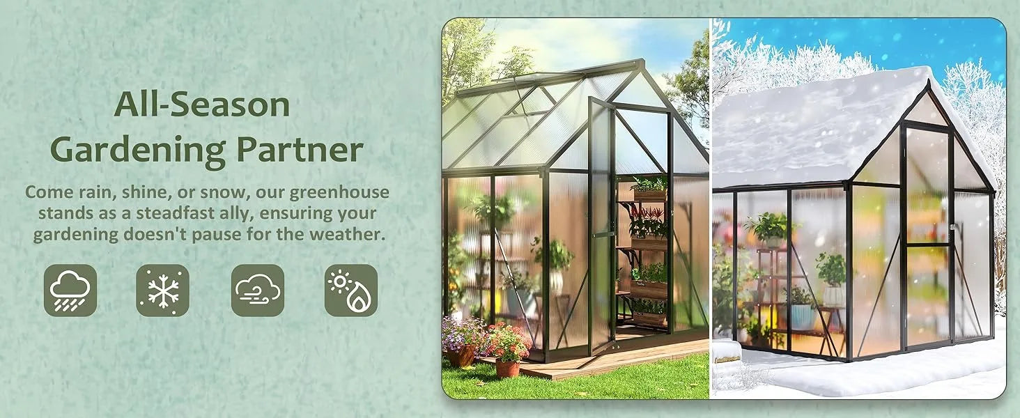 8x12 FT Greenhouse for Outdoors, Quick Setup Polycarbonate Greenhouse with Roof Vent, Aluminum Large Walk-in Greenhouse ，Black