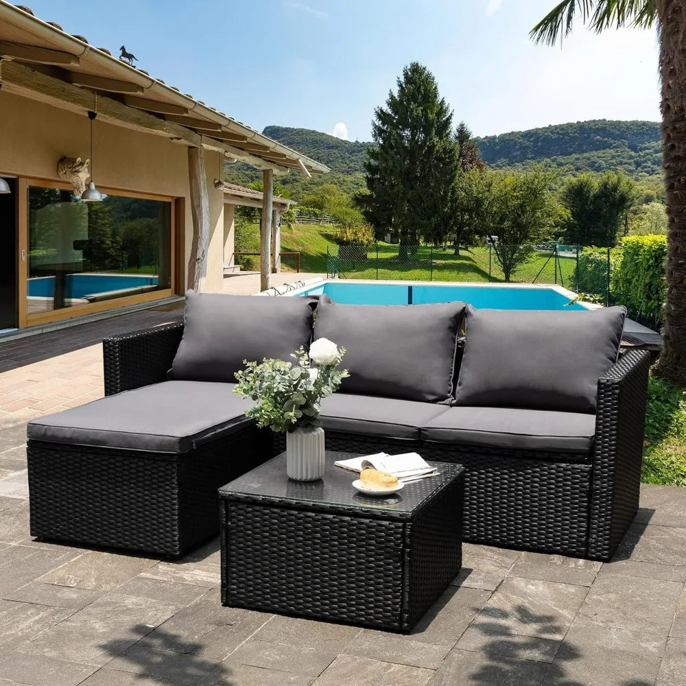 Patio Furniture Sets 3 Pieces Outdoor Sectional Sofa All-Weather Rattan Wicker Sofa with Washable Cushion and Glass Table