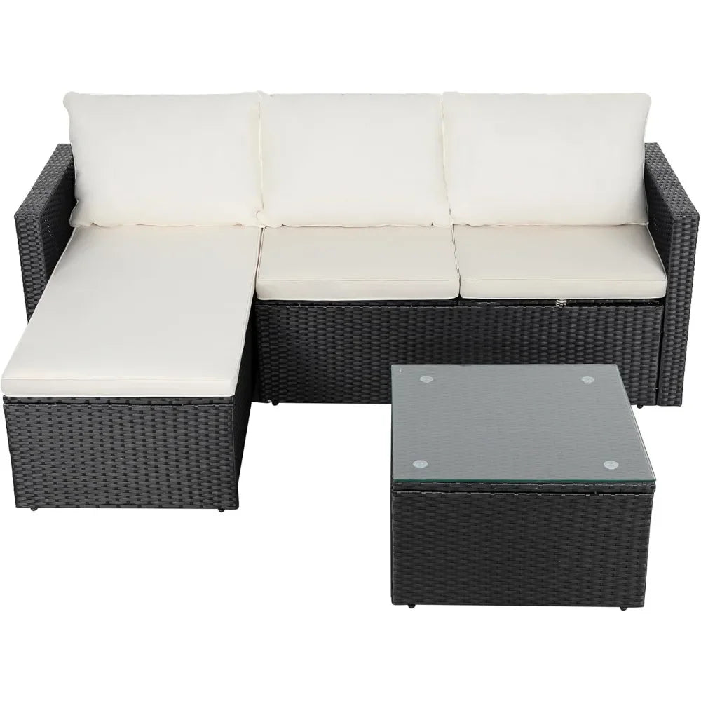 Patio Furniture Sets 3 Pieces Outdoor Sectional Sofa All-Weather Rattan Wicker Sofa with Washable Cushion and Glass Table