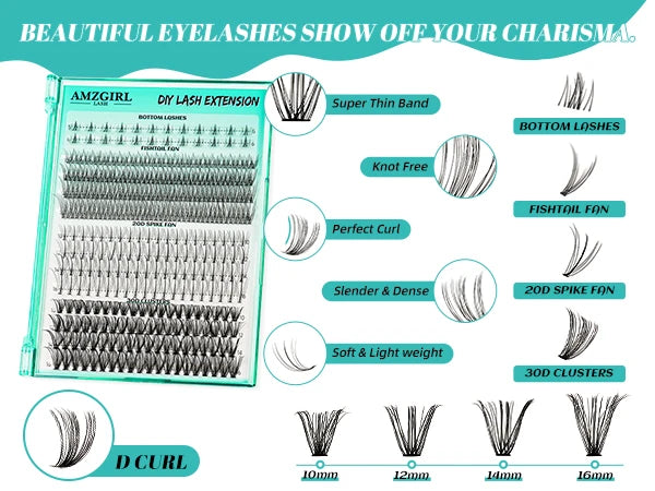 AMZGIRL LASH DIY Eyelashes Kit 348 Clusters Lash Bottom Lashes Fishtail Fan 20D Spike Fan 30D Clusters (D-Mix5-16mm kit)