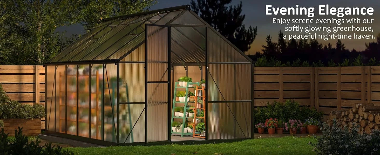 8x12 FT Greenhouse for Outdoors, Quick Setup Polycarbonate Greenhouse with Roof Vent, Aluminum Large Walk-in Greenhouse ，Black