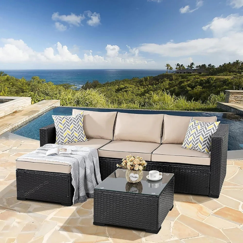 Patio Furniture Sets 3 Pieces Outdoor Sectional Sofa All-Weather Rattan Wicker Sofa with Washable Cushion and Glass Table