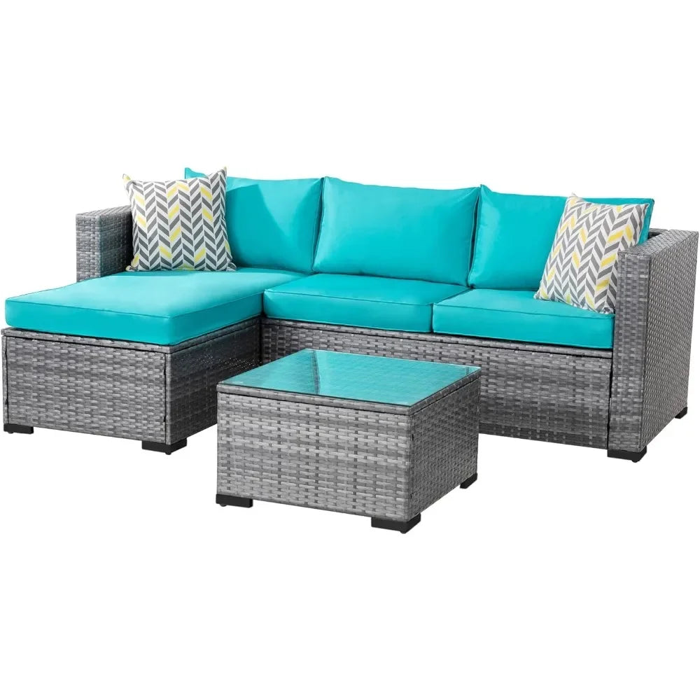 Patio Furniture Sets 3 Pieces Outdoor Sectional Sofa All-Weather Rattan Wicker Sofa with Washable Cushion and Glass Table