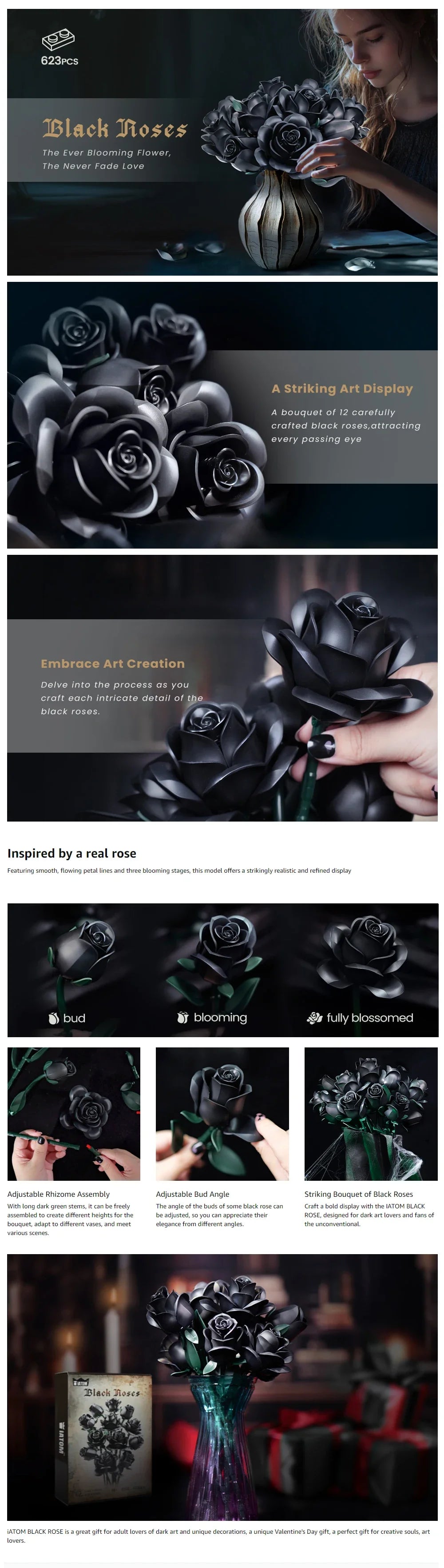 High Quality Black Rose Building Bricks Kit Simulated Roses Plant Bouquet Model Toys Girlfriend Birthday Gift(623 PCS)