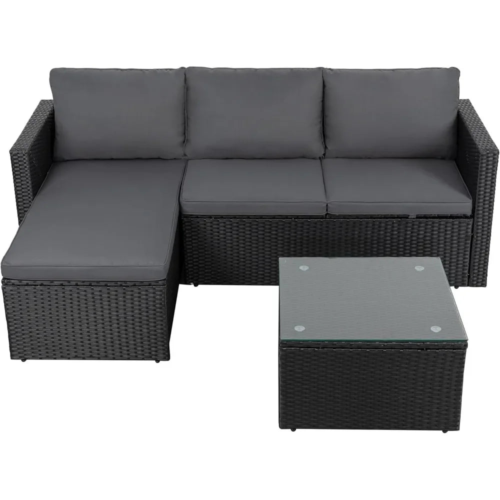 Patio Furniture Sets 3 Pieces Outdoor Sectional Sofa All-Weather Rattan Wicker Sofa with Washable Cushion and Glass Table