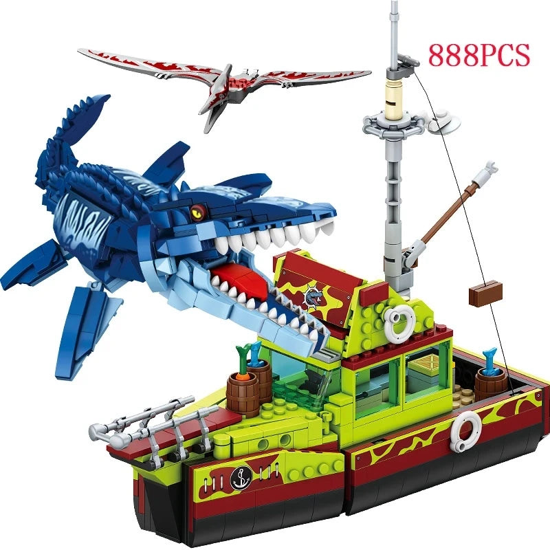 Jurassic Dinosaur Ship Toys Building Block DIY Escape From Ocean Mosasaurus Assembly Bricks Educational Sets Children Gifts