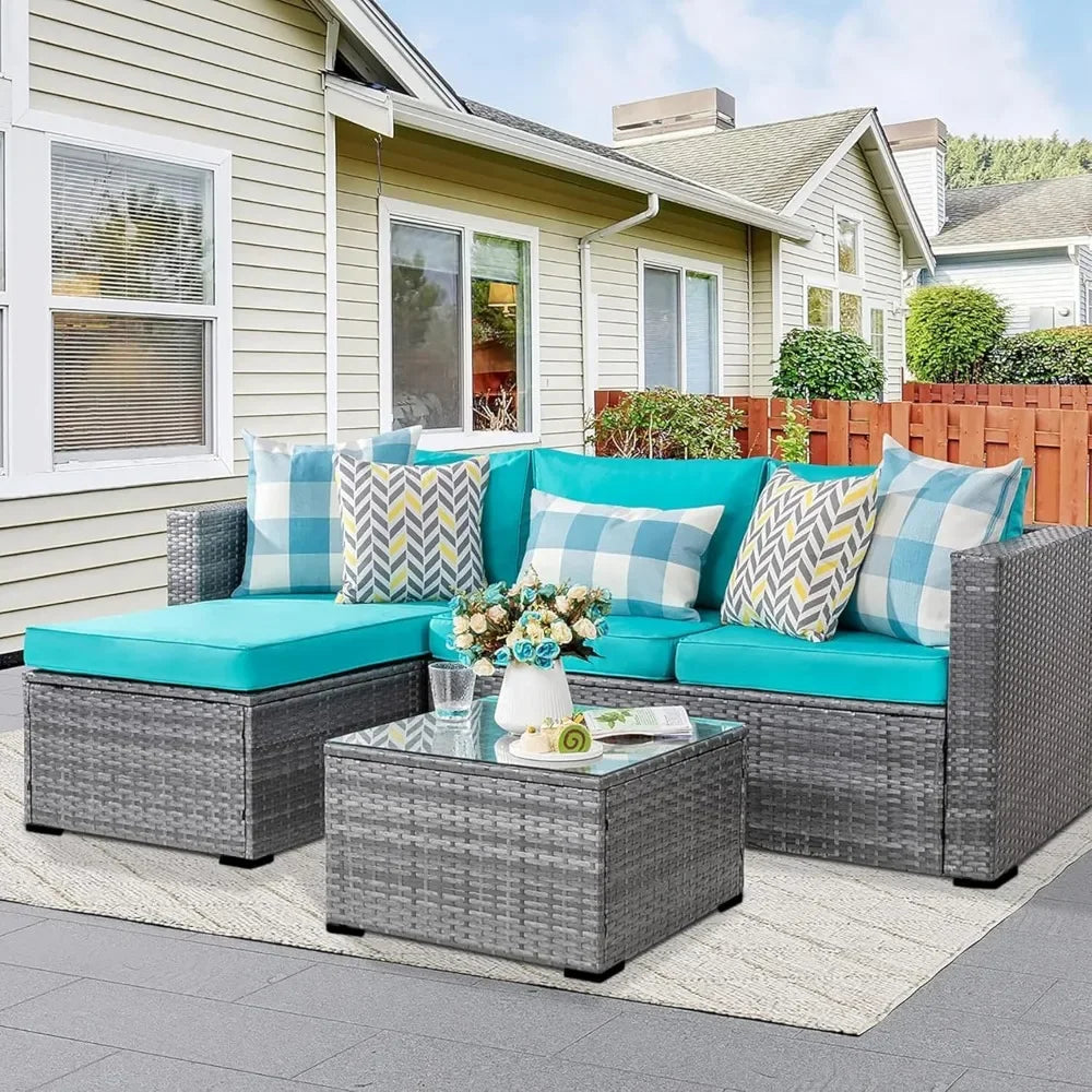 Patio Furniture Sets 3 Pieces Outdoor Sectional Sofa All-Weather Rattan Wicker Sofa with Washable Cushion and Glass Table