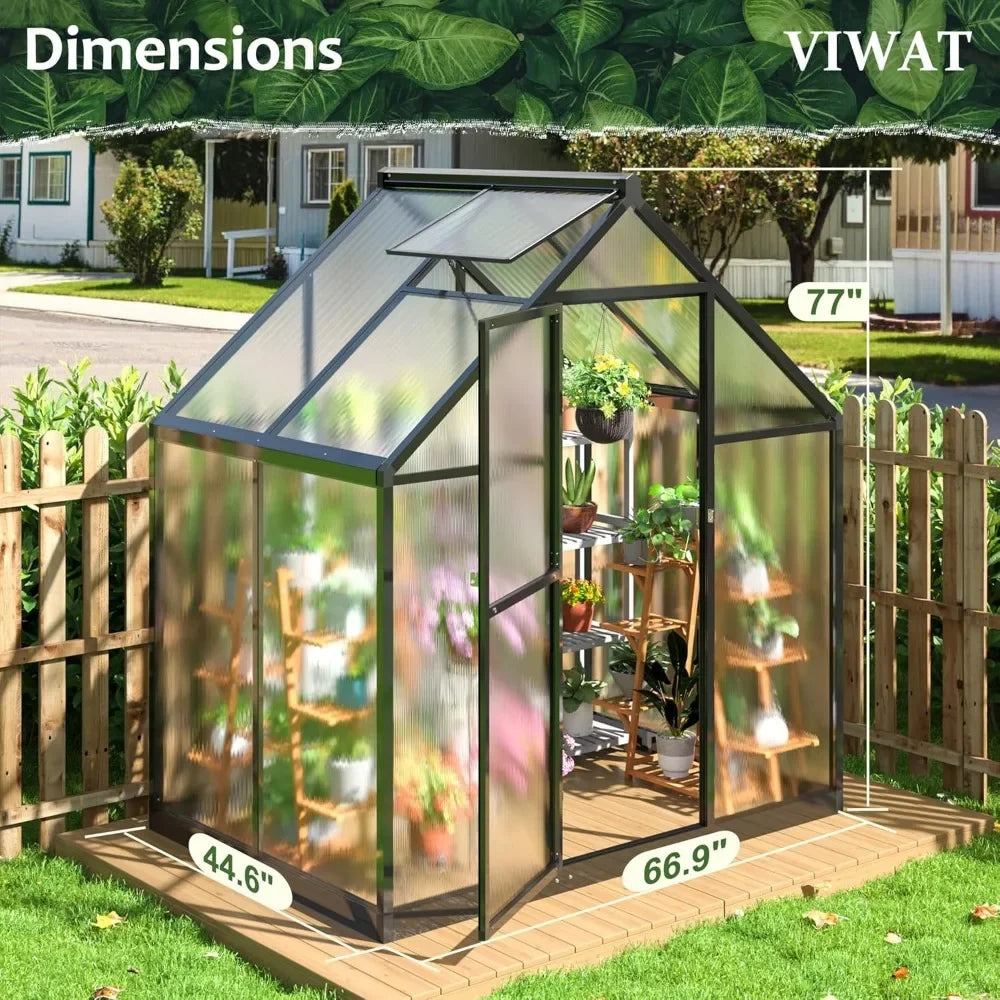 4x6 FT Greenhouse for Outdoors, Polycarbonate Greenhouse with Quick Setup Structure and Roof Vent, Aluminum Walk-in Greenhouse