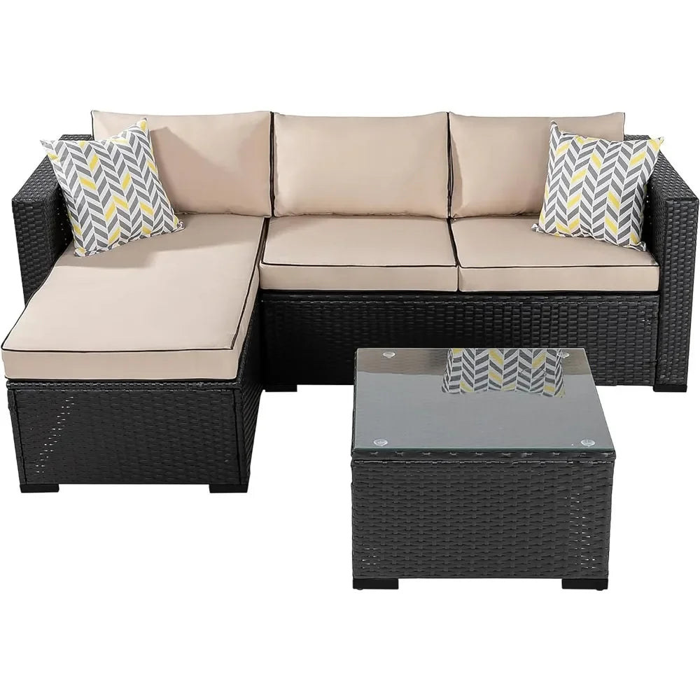 Patio Furniture Sets 3 Pieces Outdoor Sectional Sofa All-Weather Rattan Wicker Sofa with Washable Cushion and Glass Table