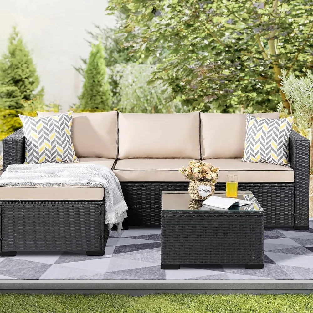 Patio Furniture Sets 3 Pieces Outdoor Sectional Sofa All-Weather Rattan Wicker Sofa with Washable Cushion and Glass Table