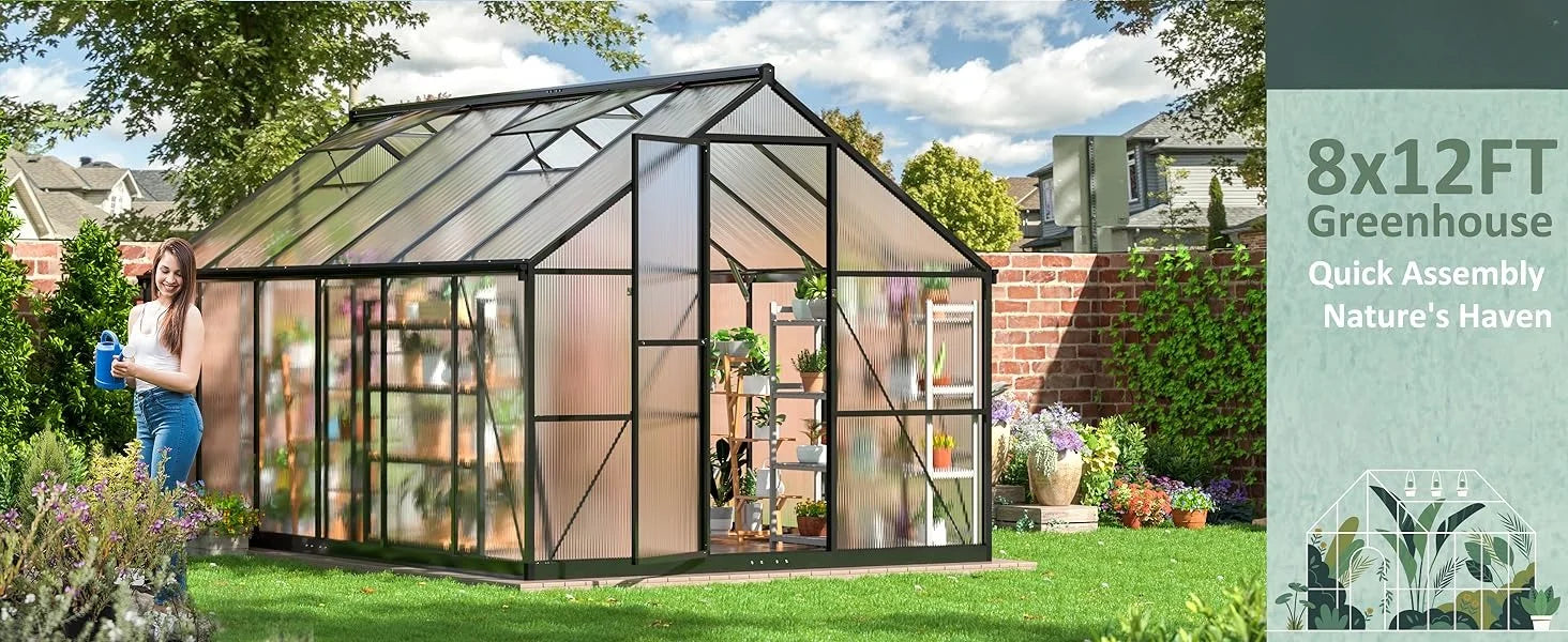 8x12 FT Greenhouse for Outdoors, Quick Setup Polycarbonate Greenhouse with Roof Vent, Aluminum Large Walk-in Greenhouse ，Black