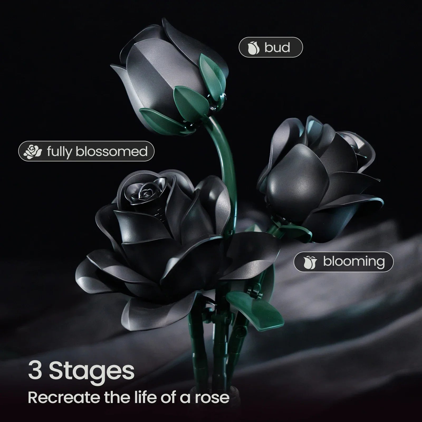 High Quality Black Rose Building Bricks Kit Simulated Roses Plant Bouquet Model Toys Girlfriend Birthday Gift(623 PCS)