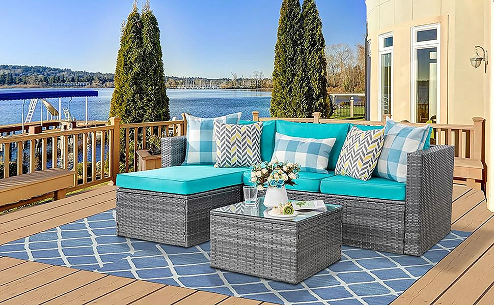 Patio Furniture Sets 3 Pieces Outdoor Sectional Sofa All-Weather Rattan Wicker Sofa with Washable Cushion and Glass Table