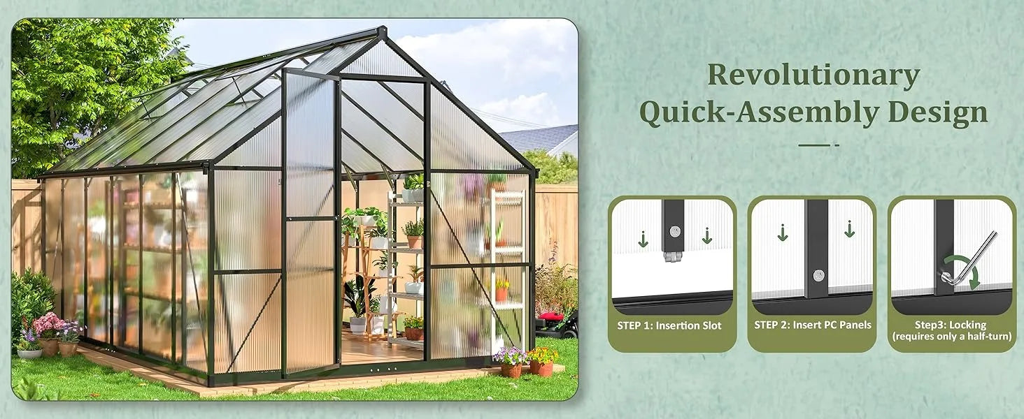 8x12 FT Greenhouse for Outdoors, Quick Setup Polycarbonate Greenhouse with Roof Vent, Aluminum Large Walk-in Greenhouse ，Black