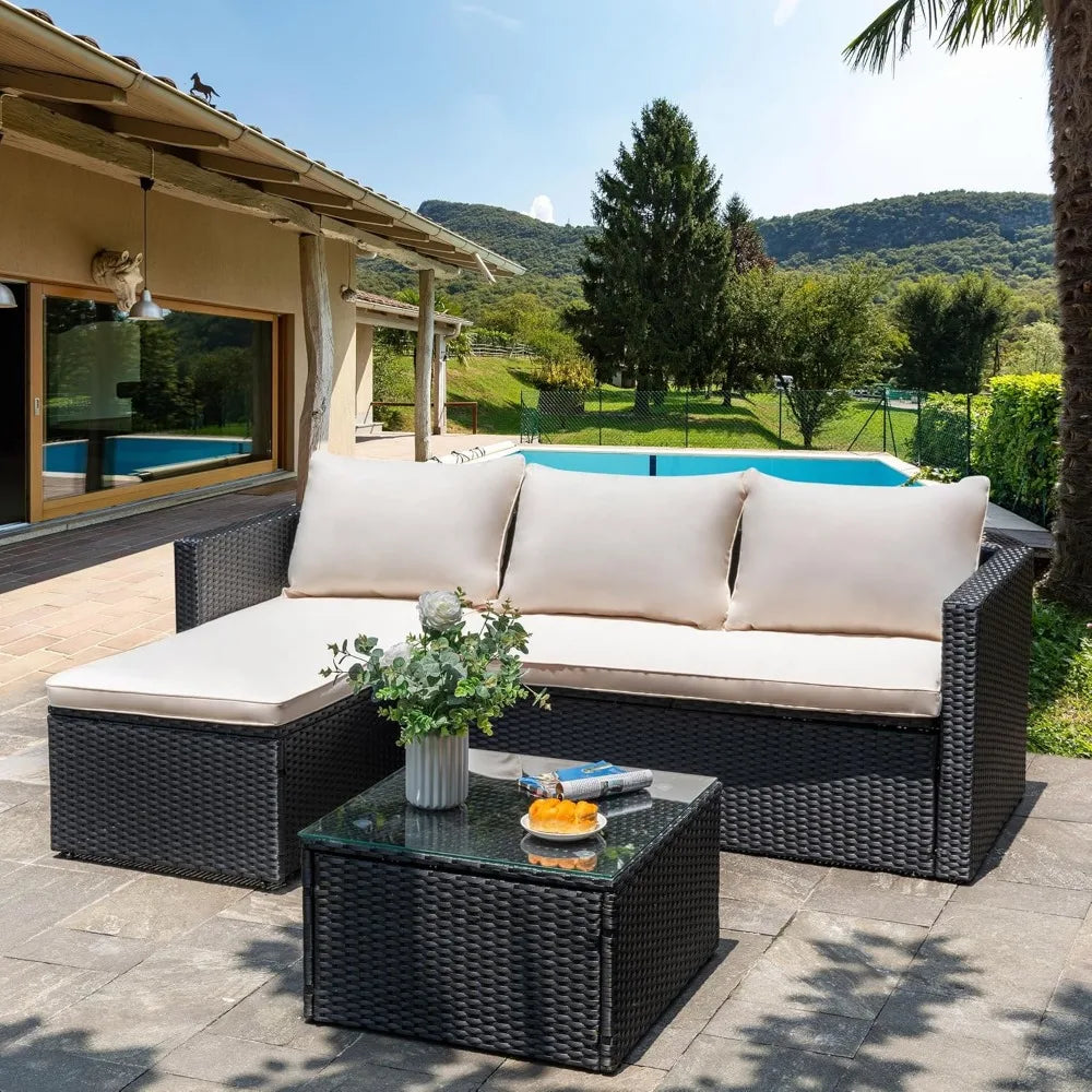 Patio Furniture Sets 3 Pieces Outdoor Sectional Sofa All-Weather Rattan Wicker Sofa with Washable Cushion and Glass Table