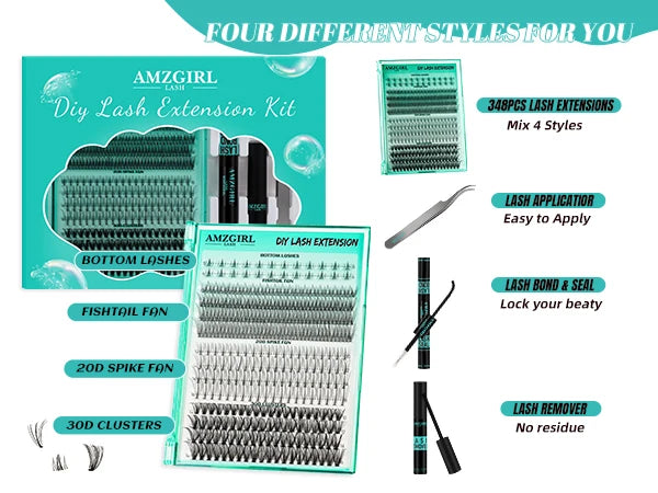 AMZGIRL LASH DIY Eyelashes Kit 348 Clusters Lash Bottom Lashes Fishtail Fan 20D Spike Fan 30D Clusters (D-Mix5-16mm kit)