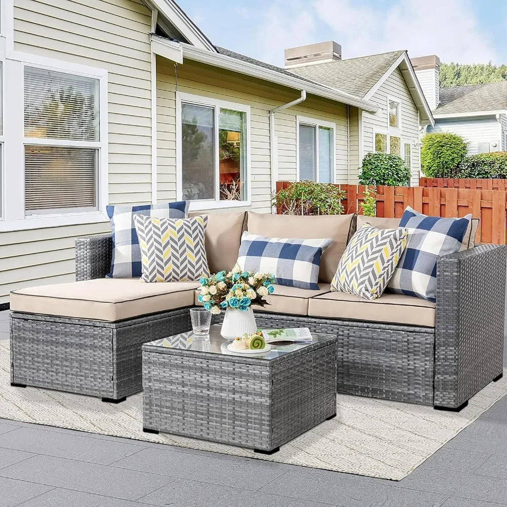 Patio Furniture Sets 3 Pieces Outdoor Sectional Sofa All-Weather Rattan Wicker Sofa with Washable Cushion and Glass Table