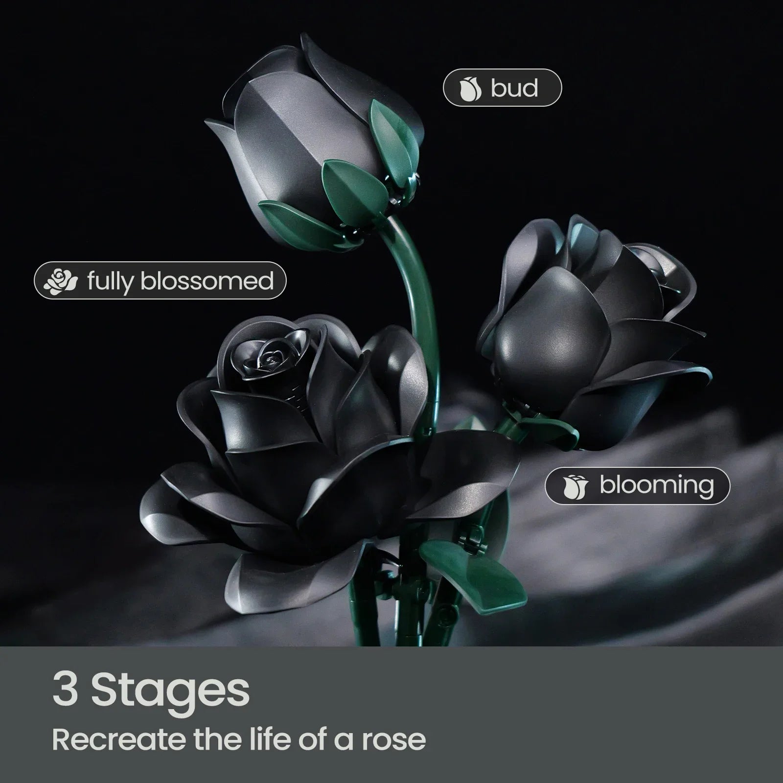 High Quality Black Rose Building Bricks Kit Simulated Roses Plant Bouquet Model Toys Girlfriend Birthday Gift(623 PCS)