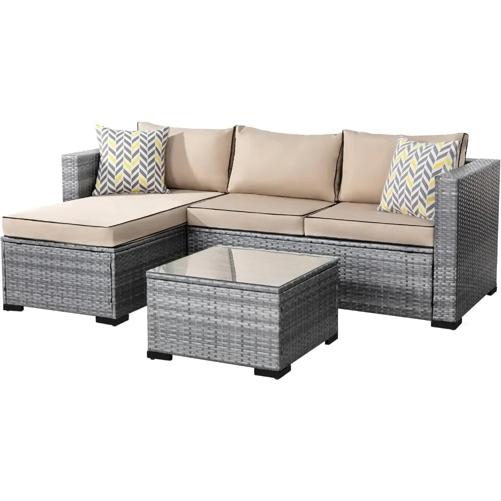 Patio Furniture Sets 3 Pieces Outdoor Sectional Sofa All-Weather Rattan Wicker Sofa with Washable Cushion and Glass Table